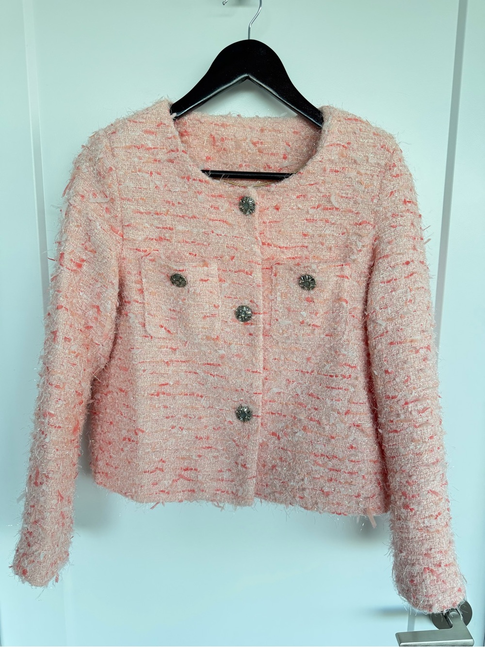 Women's Pink Tweed Boxy Jacket - Elegant Button Front